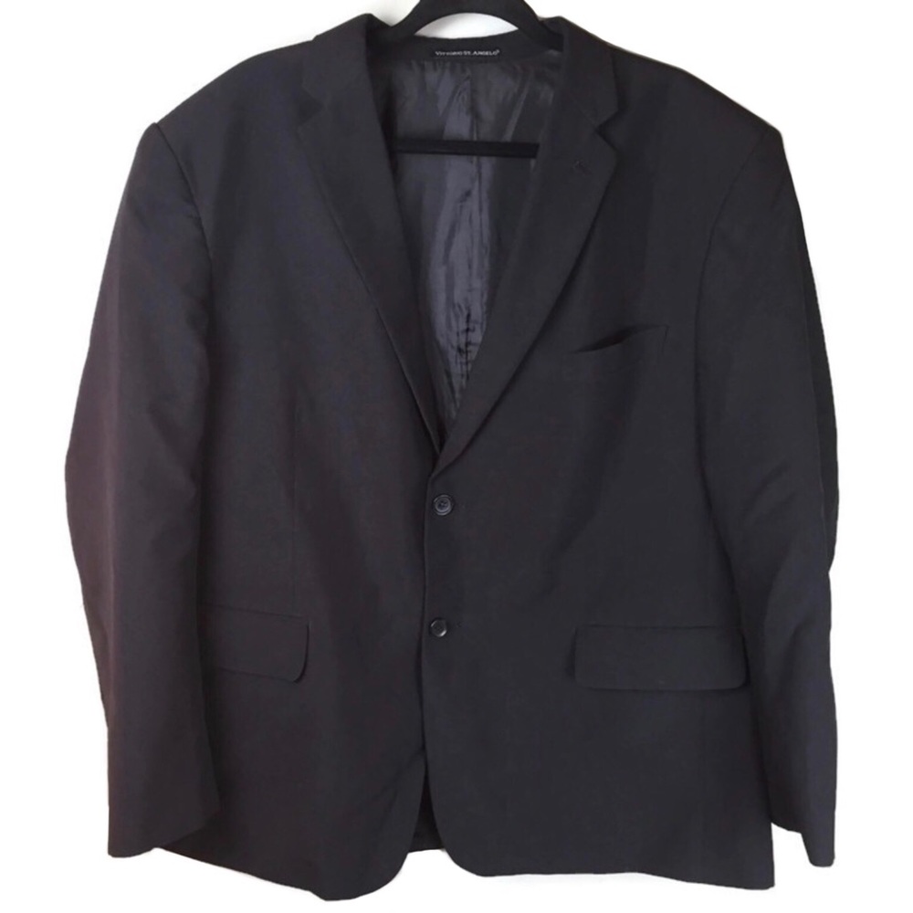 Vittorio St Angelo Notched Lapel Double Vent 2 Button Black Suit Jacket Size 46R